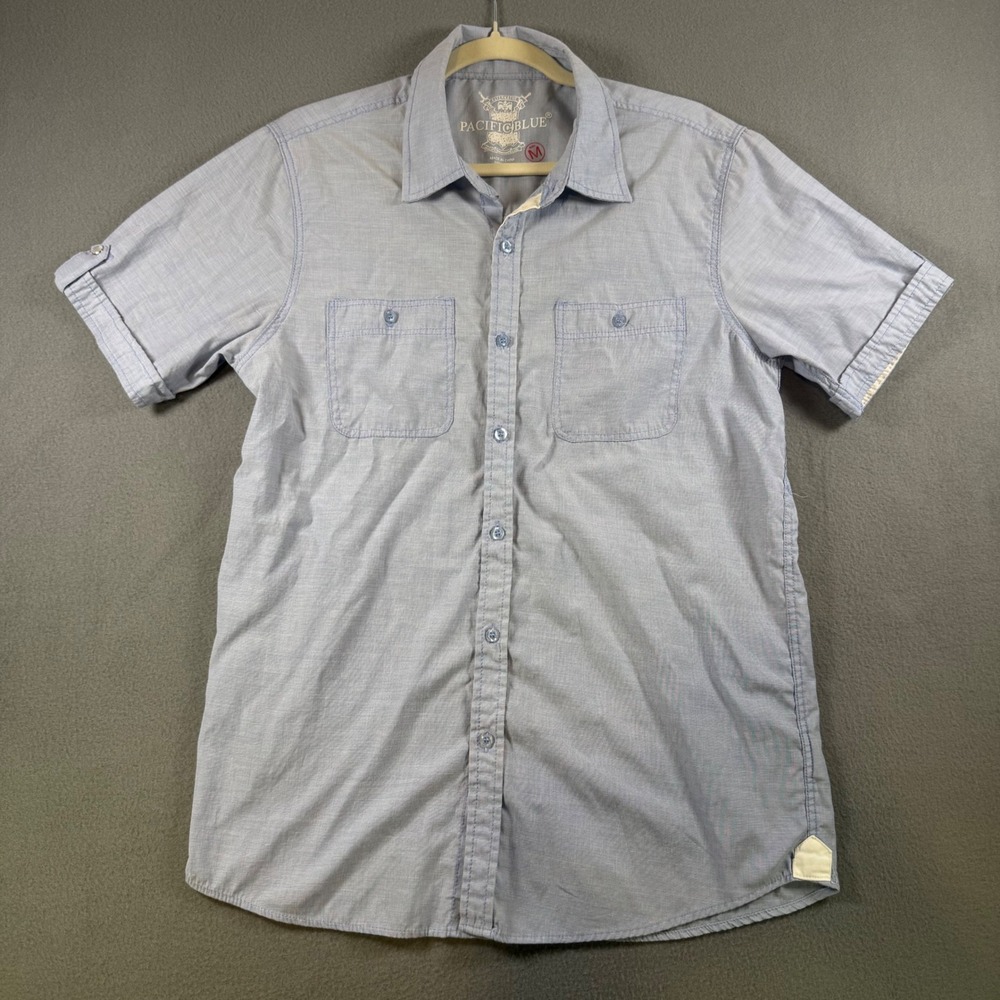 Pacific Blue Mens Medium Short Sleeve Button Down Shirt Light Blue Dual Pocket